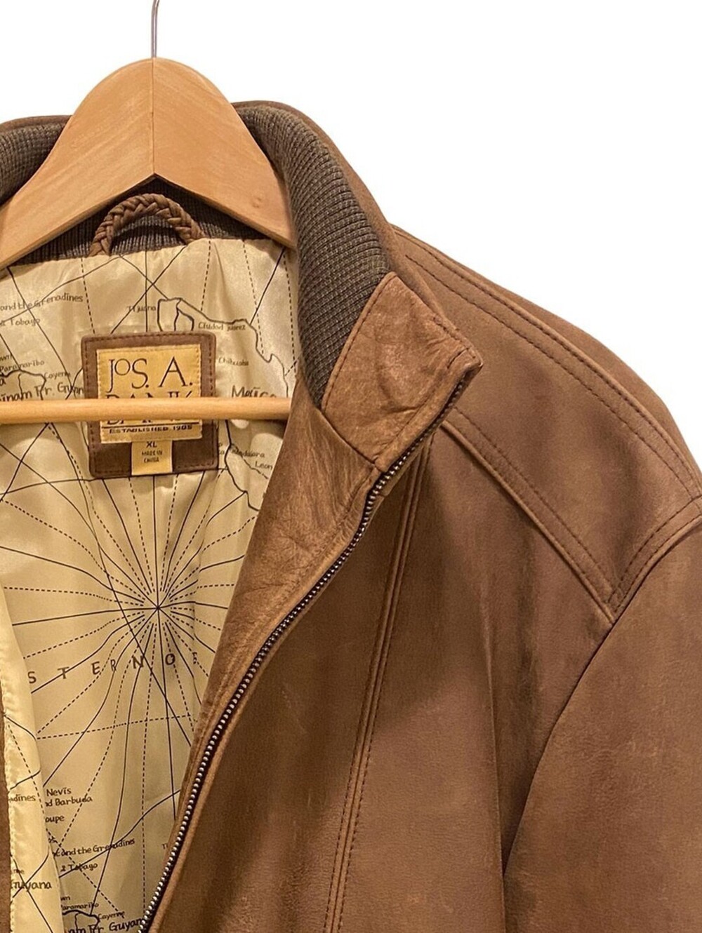 Jos. A. Bank Mens XL Brown Leather Bomber Jacket Full Zip Map Lining Cognac